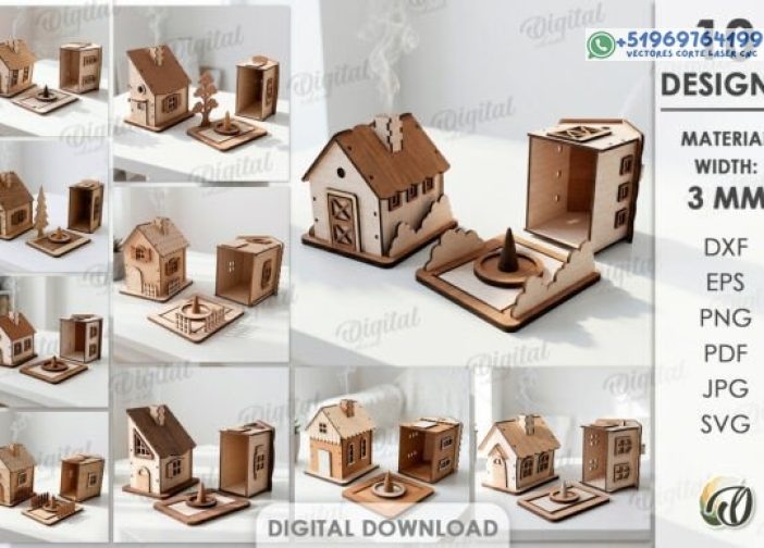 Paquete de casas de incienso 3D cortado con láser