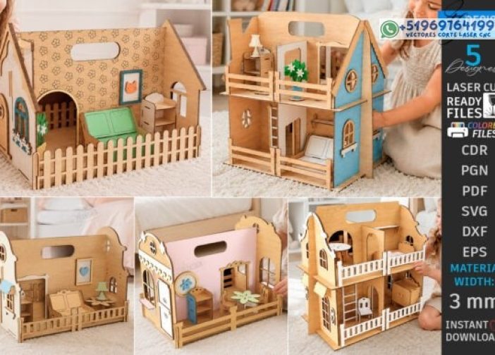 Paquete de casas de muñecas portátiles cortadas con láser