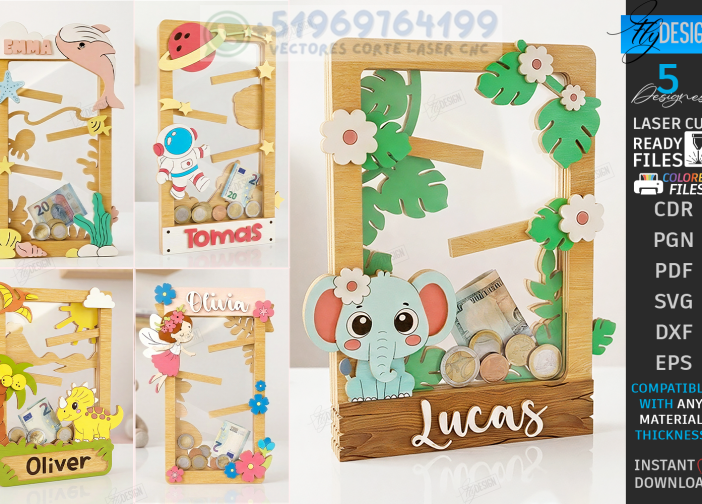 Paquete de corte láser de banco de monedas de madera