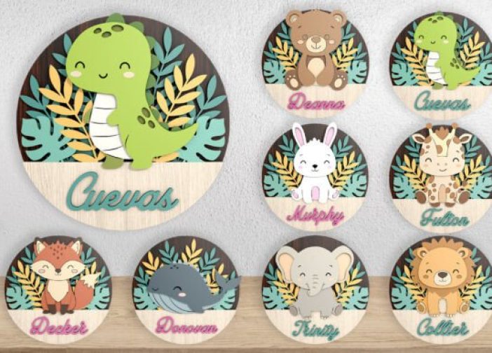 Paquete de cuadros redondos animales tiernos con nombre de bebés