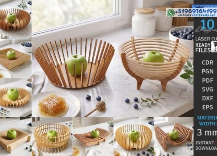 Paquete de cuencos de madera paramétricos cortados con láser