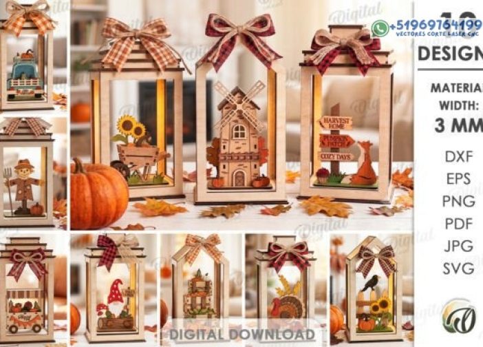 Paquete de decoración de linternas de otoño cortado con láser