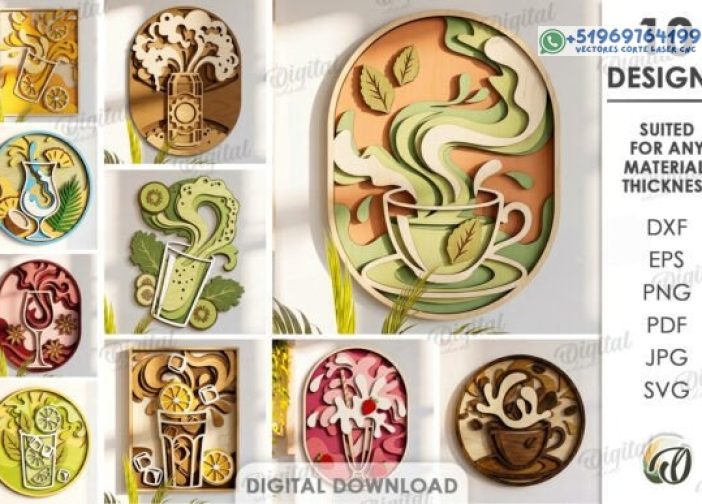 Paquete de decoraciones de pared de bebidas 3D cortado con láser