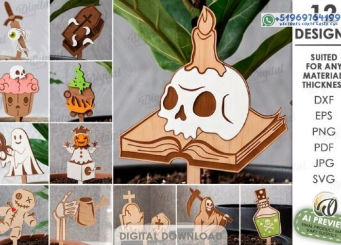 Paquete de estacas de plantas de Halloween cortadas con láser