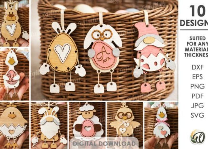 Paquete de etiquetas de personajes de Pascua cortado con láser