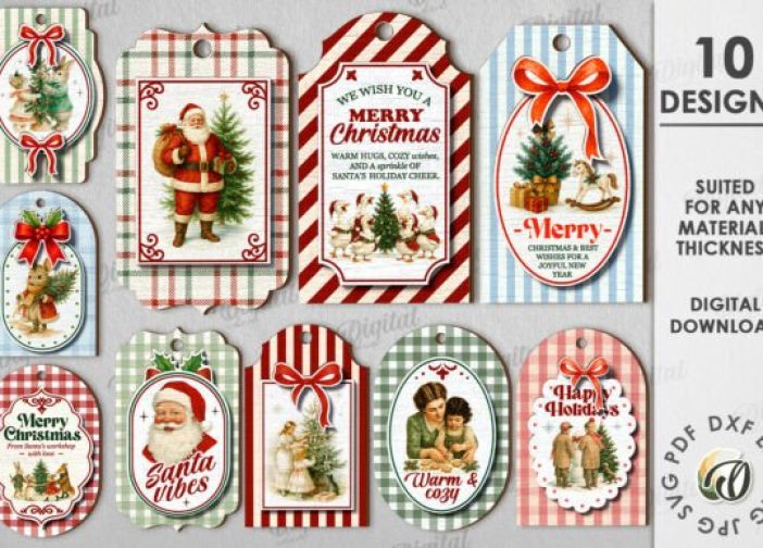 Paquete de etiquetas de regalo navideñas vintage