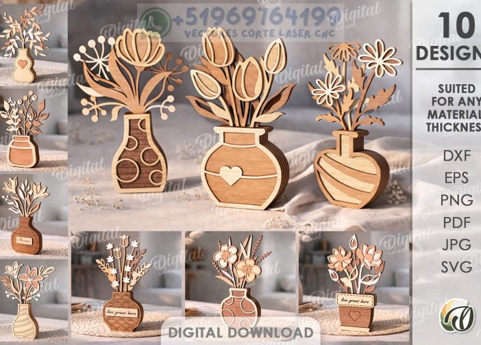 Paquete de flores de madera con jarrones láser