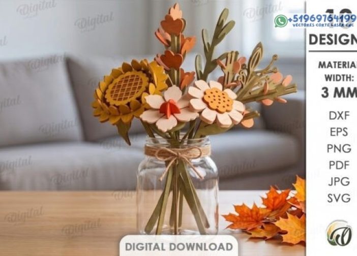 Paquete de flores de otoño 3D cortado con láser