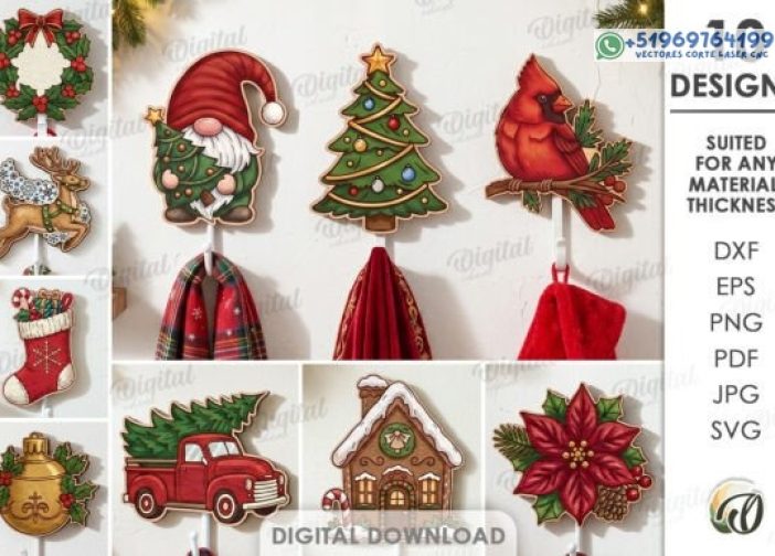 Paquete de ganchos de pared navideños cortados con láser