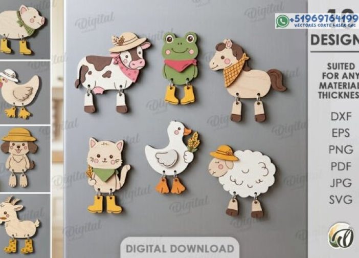 Paquete de imanes de animales de granja cortados con láser