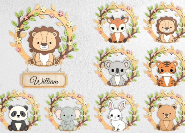 Paquete de letreros cuadors redondos con nombres para la habitación infantil safari