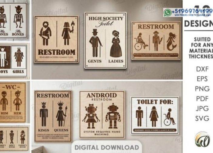 Paquete de letreros de baño cortados con láser