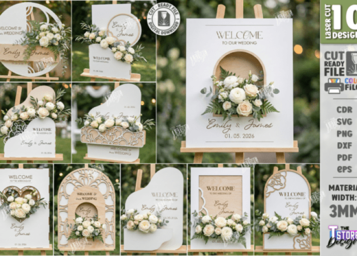 Paquete de letreros de bienvenida florales 3D para bodas