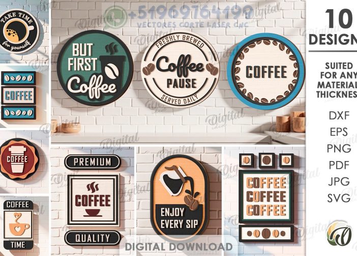 Paquete de letreros de café 3D cortados con láser