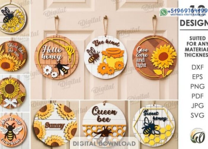 Paquete de letreros redondos de abeja y girasol