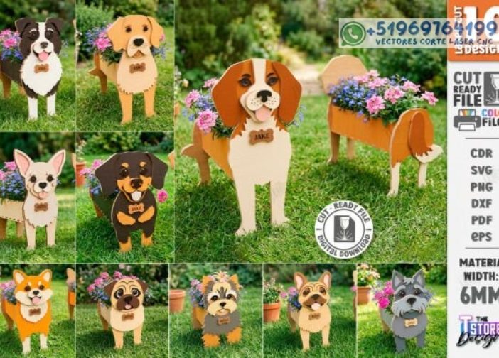 Paquete de maceteros de madera con diseños de razas de perros Para mas Vectores Whatsapp 51969764199