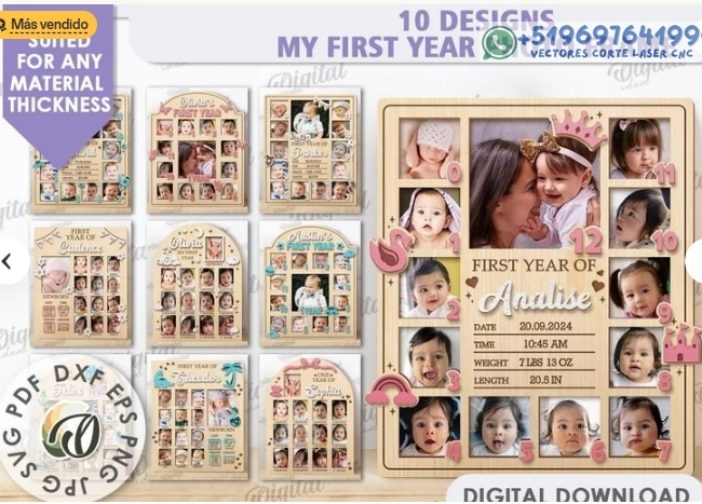 Paquete de marcos de fotos 3D Mi primer año Para mas Vectores Whatsapp 51969764199