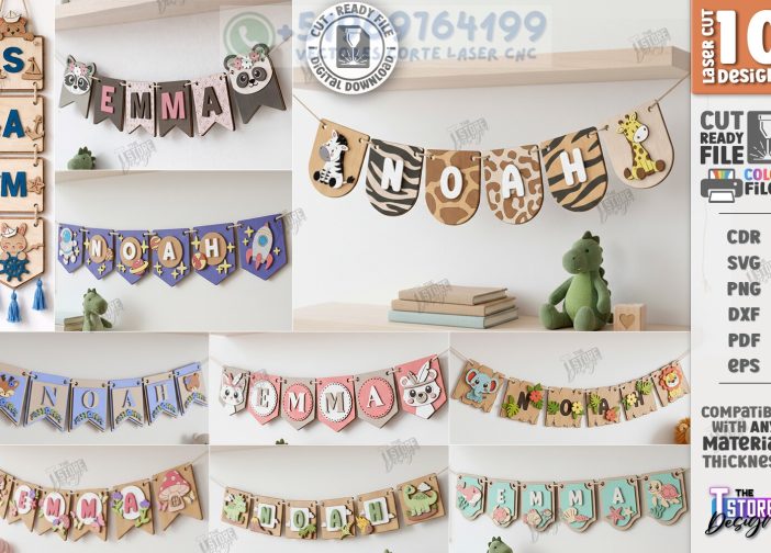 Paquete de pancartas con nombre de bebé cortadas con láser CNC