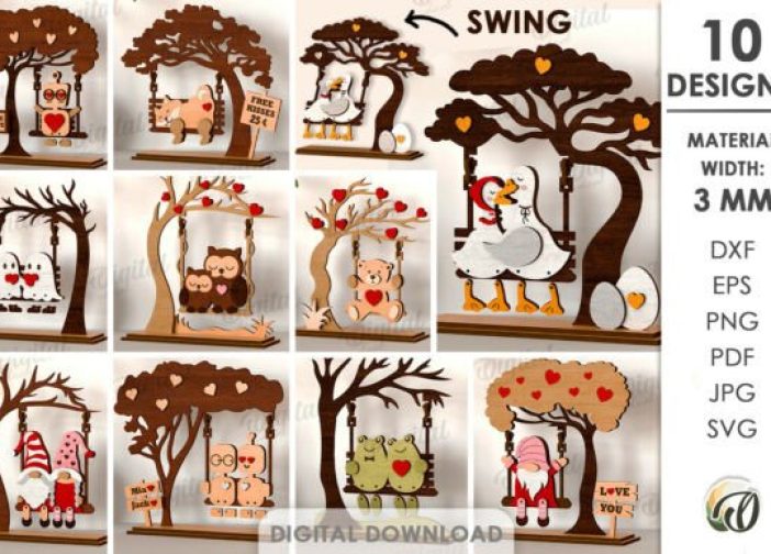 Paquete de personajes de San Valentín en columpio