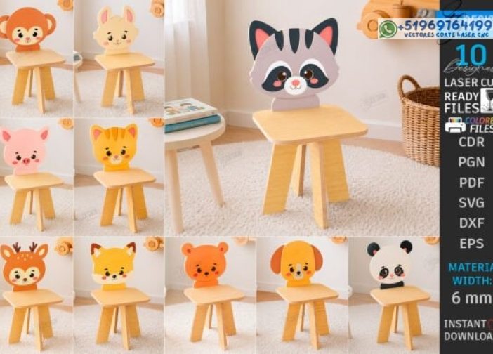 Paquete de silla para niños con animales cortados con láser CNC