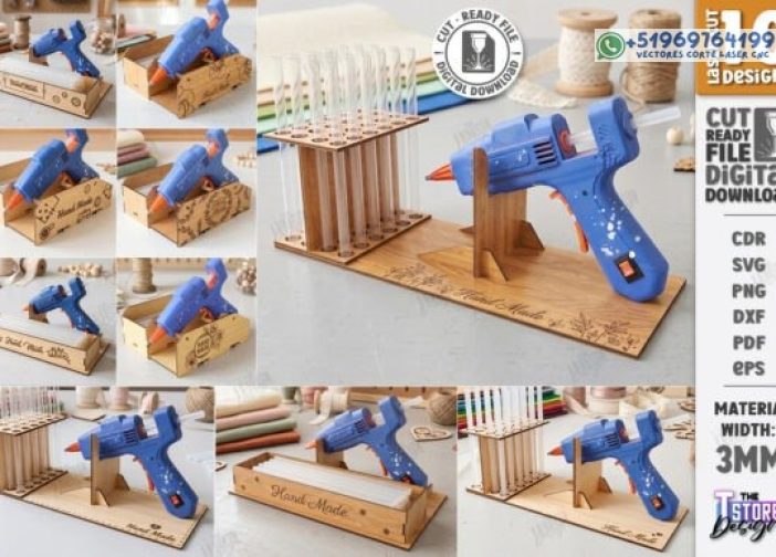 Paquete de soporte de pistola de pegamento de madera cortado con láser