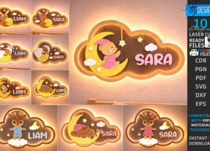 Paquete luz nocturna en forma de nubes con nombre bebes