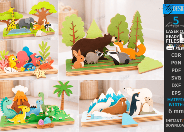 Paquete modular de corte láser de animales de madera