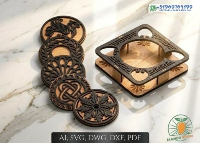 Posavasos griegos y soporte cortado con láser SVG