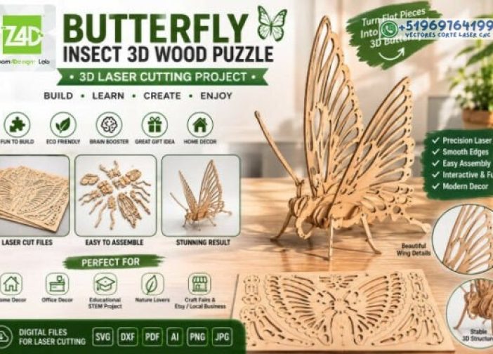 Proyecto láser de rompecabezas de madera 3D de mariposa