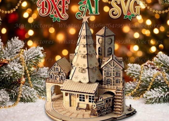 Pueblo navideño escena de árbol de navidad 3d con tren en movimiento