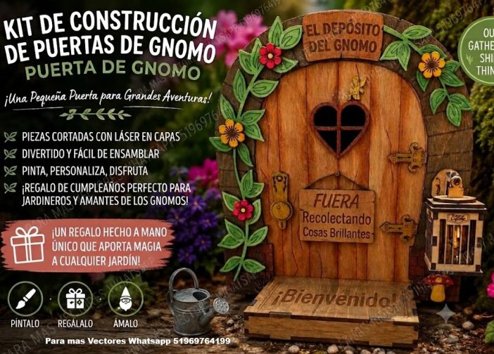 Puerta para gnomos en miniatura con detalles florales y lampara para jardin