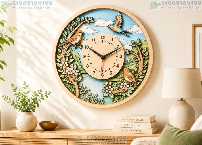 Reloj de pared redondo con paisaje forestal y aves coloridas