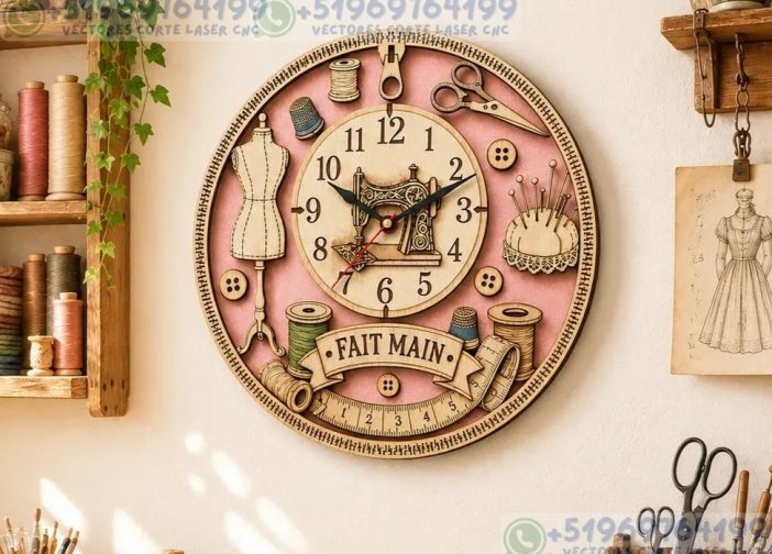 Reloj de pared redondo temático de costura cocer