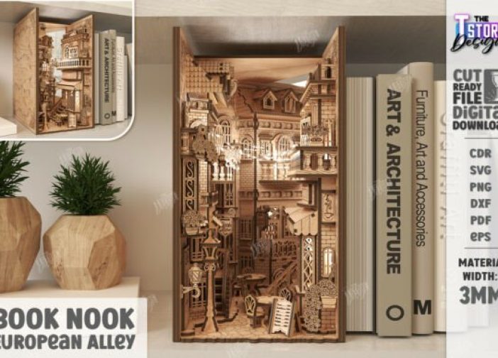 Rincón de libros del callejón europeo cortado con láser modelo 3d