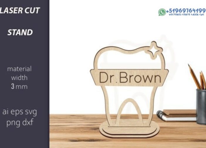 Soporte de dientes cortado con láser, nombre del dentista SVG