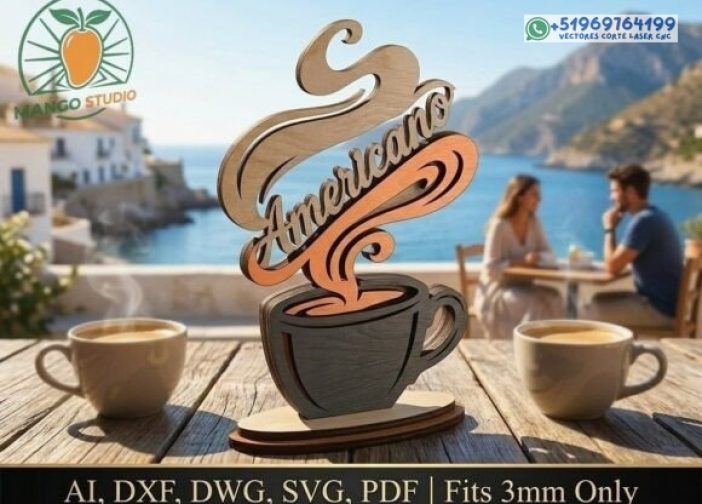 Taza de café americano 3D cortada con láser SVG