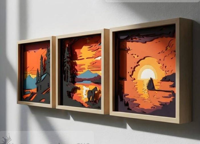 Triptico de paisaje de atardecer en caja de sombra 3d caja de luz