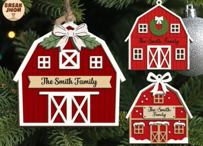 adorno colgante navideño de familia de granero rojo
