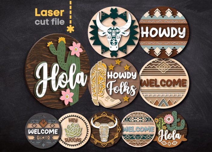 letrero redondo para puerta Bull Cactus Texas