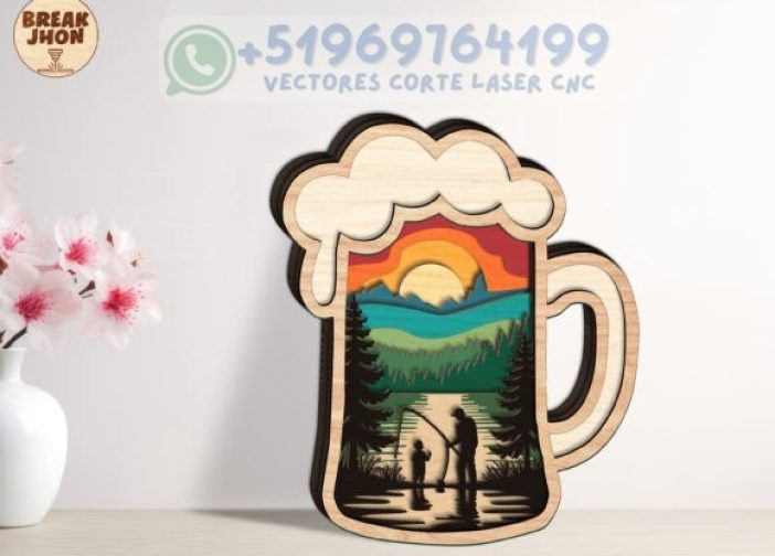 padre e hijo pescando en capas vaso cerveza