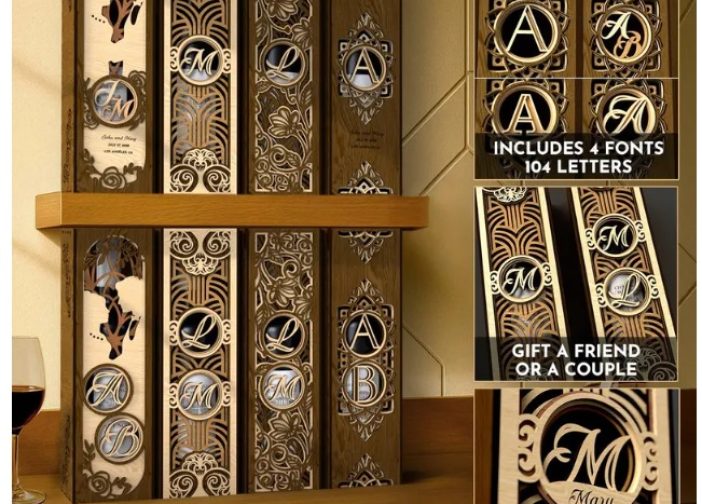 paquete de caja de regalo de madera con monograma para botella de vino